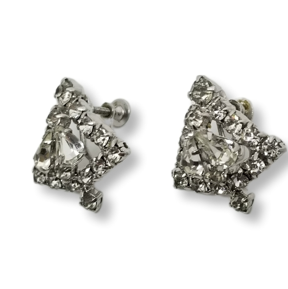SPARKLING 1940s SILVERTONE & DIAMANTE ART DECO STYLE SCREW BACK EARRINGS - Picture 4 of 7